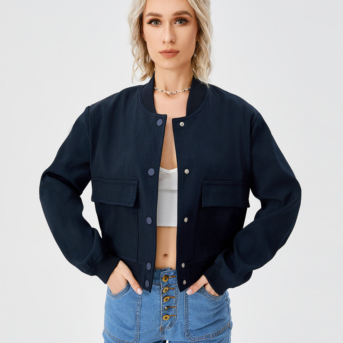 Women’s Cropped Bomber Jacket – Button Front Coat