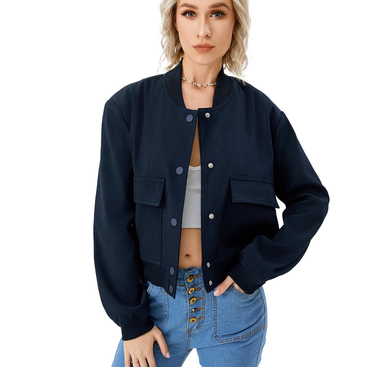 Women’s Cropped Bomber Jacket – Button Front Coat